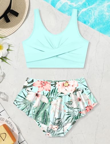 Image of Qaoerde Girls Swimsuit Tropical Print Bikini Set with Ruffle Hem Two Piece Criss Cross Bathing Suits for Girls 7-16 Years