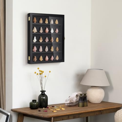 Image of TJ.MOREE Rock Display Case Black, Native American Arrowhead Display Case, Shadow Box Wall Mount for Crystal, Knife Display