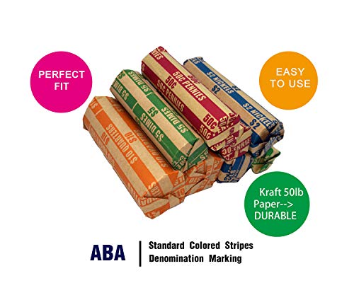 Flat Coin Wrapper 100 Assorted Pack(25 Each Of Quarters, Dimes, Nickels, Pennies), Aba-Standard Colored Striped Durable Kraft Paper #TOP2