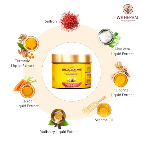 We Herbal Kumkumadi Sunscreen 100gm, Ayurvedic Sun Shield with Saffron, Aloe Vera,turmeric & Licorice, Sun Protection with herbs and oils no White Cast, Non Greasy, No artificial colour & Fragrance