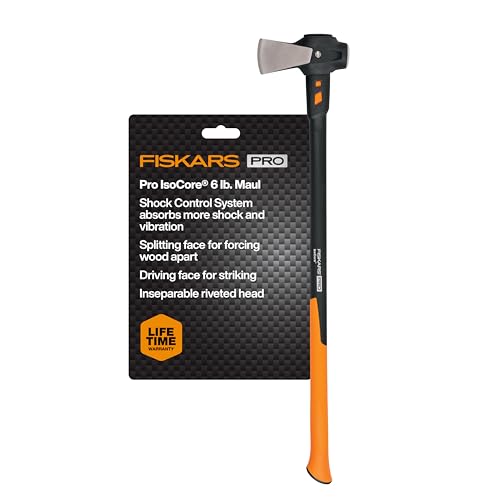 Fiskars Pro IsoCore 6 lb Splitting Maul, 36' Wood Splitter Axe for Firewood, Yard Work and Log Splitting, Shock-Absorbing Handle with Heavy-Duty Forged Steel Head, Firewood Tool, Black/Orange