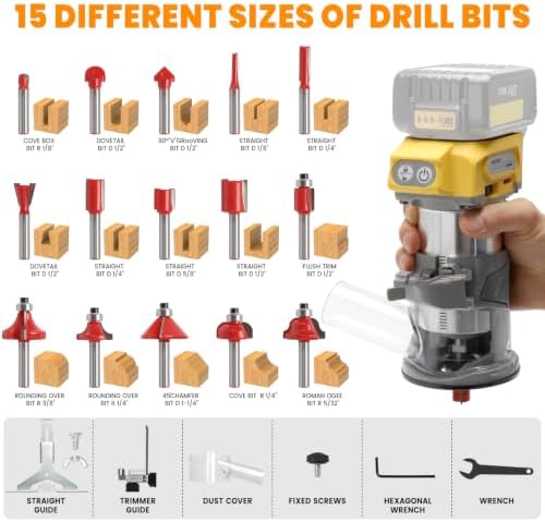 Wood Router with Dw 20V Battery,Router Tool for 800W 30000 RPM，5 Variable Speeds Fixed Base Cordless Router,15PCS 1/4" Router Bits【Battery Not Included】 — view 5