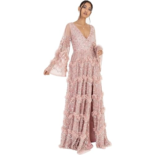 Maya Deluxe Damen Ladies Womens Maxi Dress V Neckline Sequin with Ruffle Empire Waist Slit Split for Prom Ball Bridesmaid Wedding Guest Kleid, Frosted...