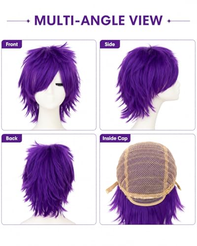 Image of Rose bud Anime Halloween Purple Wig for Cosplay Party Synthetic Layered Short Hair Wigs with Fringe Pastel Funny Wigs for Women Men