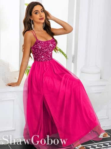 Image of ShawGobow Tulle Prom Dress with Slit,Sequin Backless Long Flowy Dresses for Women,Sexy Sparkly Outfits Homecoming Wedding