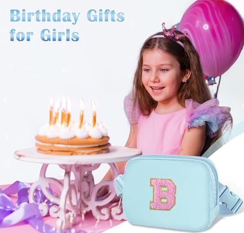Image of COSHAYSOO Valentines Birthday Initial Gifts for Teen Girls 5 6 7 8 9 10 11 12 13 14 Year Old Blue Fanny Pack for Girls Belt Bag Crossbody Travel Purse Unique Trendy Fashion Stuff Chenille Letter B