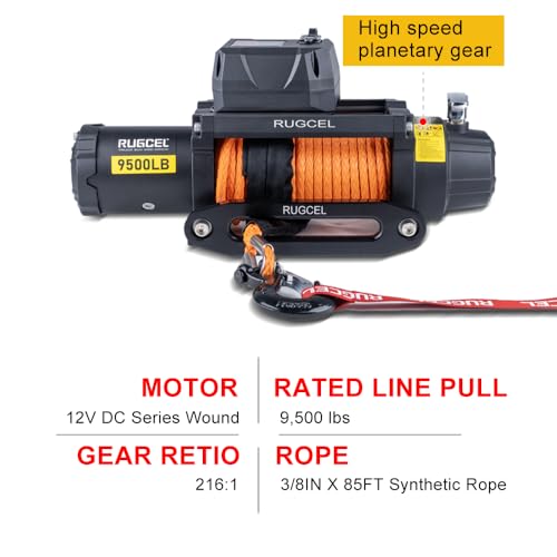 Image of RUGCEL WINCH 9500lb Waterproof Electric Synthetic Rope Powerful Fast Winch with Hawse Fairlead, Wired Handle and Wireless Remote