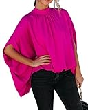 Women's Summer Oversize Blouses Mock Neck Pleated Batwing Sleeve Drape Tunic Dressy Cape Shirt Tops