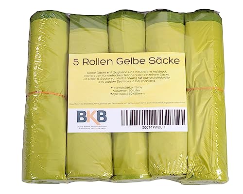 5 Rollen Gelber Sack, Gelbe Säcke mit praktischem Zugband, 90 Liter, 15µ - Wertstoffsack