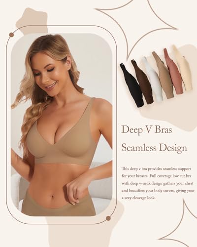 Image of Deep V Bra Low Cut Sexy Push Up Bralettes for Women Padded Comfy Smoothing Wireless Lifting Bras Seamless Bralette