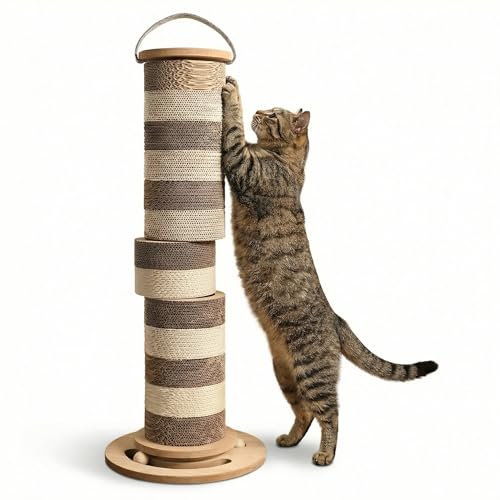 Vertical Cardboard Cat Scratching Post for Indoor Cats & Kittens, 24' Modular Replaceable Blocks with Stable Base, Space-Saving Scratcher Tower with Wooden Ball Interactive Play