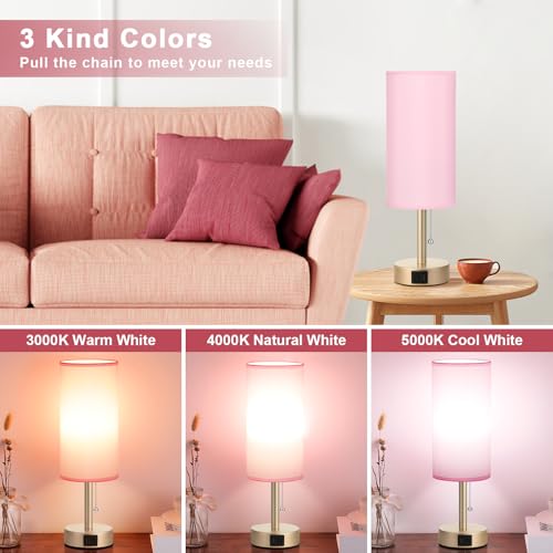 Small Table Lamp for Bedrooms - Bedside Lamps for Nightstands, Minimalist Night Stand Light with round fabric shade, Desk Reading Lamps for Children's room, Living room, Offices,Dorm (Pink and Gold) by Hong-in - Image 2