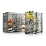 Glaver's Highball Glasses Set of 4 Smoke Drinking Glasses, 15 Ounce Crackle Textured Newly Designed Patent Glassware Heavy Bar Home Party Decor Black Kitchen Glasses, Water Juice Cocktails