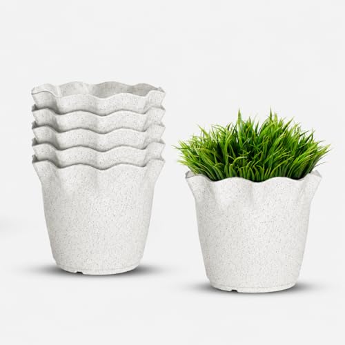 Image of YUCCABE ITALIA SHERA Flower Plastic Flower Pot Unbreakable Round Shape Planter with Drainage Holes Planter Suitable for Home Garden Seedling Indoor and Outdoor (Marble White, 6 INCH - 6 Pcs)