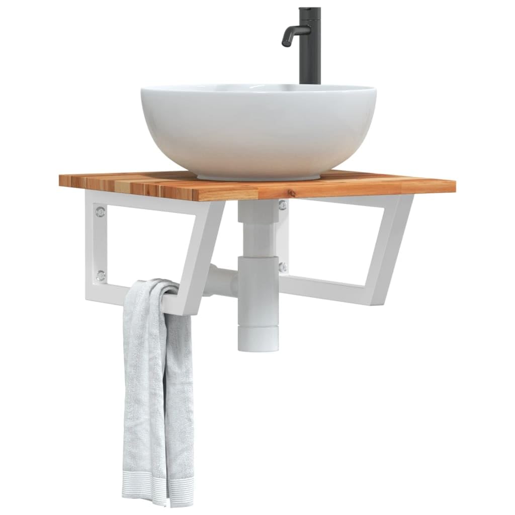Mangloder Estantería para lavabo de pared de acero y madera maciza de acacia, 50 x 50 cm, con soporte trapezoidal, estante para ahorrar espacio para baño, lavabo, cosméticos y toallas