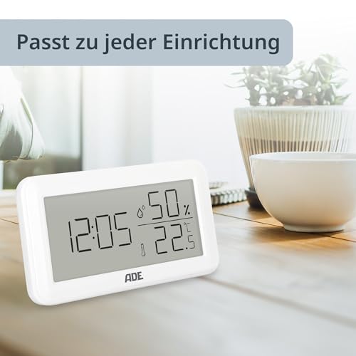 ADE Thermometer mit Luftfeuchtigkeitsmesser innen | digitale Badezimmeruhr mit Temperatur | Feuchtigkeitsmessgerät mit Uhrzeit | Hygrometer für Büro, Kinderzimmer, Schlafzimmer, Bad | Querformat weiß