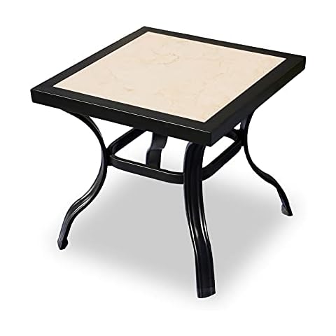 Sports Festival 20.9" Outdoor Table Bistro Table with Ceramics Top Black Metal Frame Square Side Table for Bistro Balcony Deck, Off-White Cover