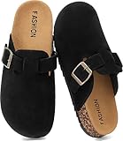 Women's Suede Clogs Mens Leather Mules Comfort Cork Footbed Antislip House Sandals Arch Support Potato Shoes with Adjustable Buckle Black