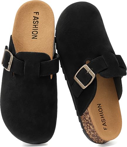 Women's Suede Clogs Mens Leather Mules Comfort Cork Footbed Antislip House Sandals Arch Support Potato Shoes with Adjustable Buckle