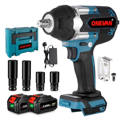 ONEVAN Cordless Impact Driver - Electric Wrench Brushless Motor Impact Gun 520W (1000NM) with 2x3.0Ah Batteries and Fast Charger, Impact Wrench for Tyre Change