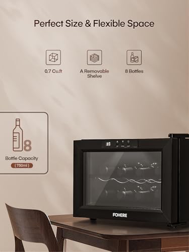 FOHERE Frigorífico para vino de 8 botellas, frigorífico de mesa con puerta de vidrio, 22 litros LED + pantalla digital, frigorífico para bebidas con puerta de vidrio, 8-18 °C, zona única - imagen 2