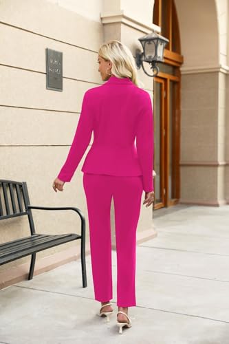 2 Piece Pant Suits for Women Dressy Formal Blazer Outfit Straight Leg Pants Set Casual Work Suit Sets Hot Pink L - Thumbnail 5