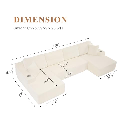 Image of 130 inch Modular Sectional Sleeper Sofa, Modern Cloud Sectional Sofa Couch with Cupholders and Storage, U Shape Boneless Couches for Living Room, Free Combination, No Assembly Required,Beige
