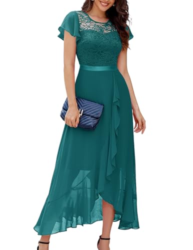 BeryLove Formal Dresses for Women Wedding Guest Ruffle Short Sleeve Elegant Cocktail Bridesmaid Party Prom Homecoming Dress High Waist Lace Long Evening Gown 51 PeacockGreen M