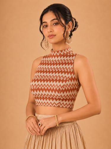 Image of Vamas Women's Net Saree Blouse | Padded Sleeveless Back Open Designer Blouse | ReadymadeEthnic Blouse with Tie-Up Back for Women