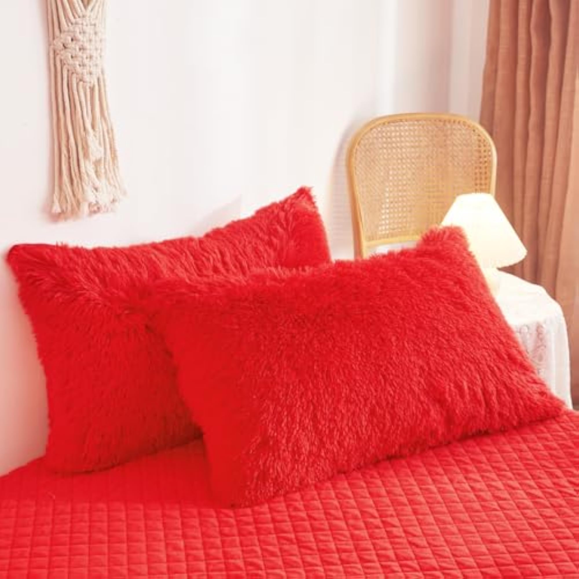 Fluffy Red Comforter Cover Set Queen, Faux Fur Bedding