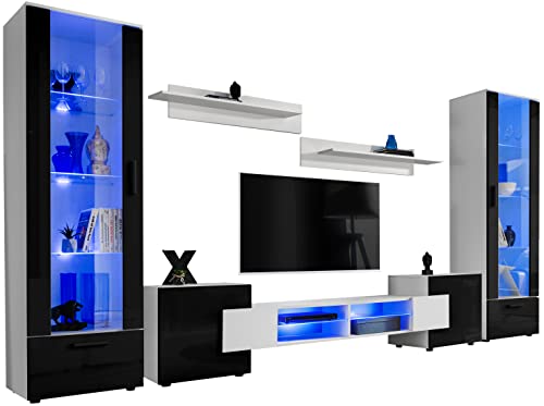 ExtremeFurniture Citadel Wohnwand, Karkasse in Weiß Matt/Front in Schwarz Hochglanz ohne LED Cover