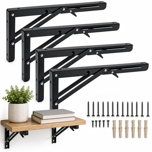 RHBLME 4 Pack Folding Shelf Brackets, 14 Inch Folding Brackets Folding Shelf Brackets Heavy Duty, Max Load 300 lb, Cold Rolled Steel Countertop Extension Fold Down with Mounting Screws
