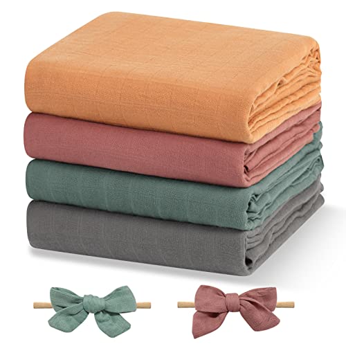 Image of Papablic Muslin Swaddle Blankets, 4-Pack Soft Silky Cotton for Boys and Girls, Newborn Receiving With 2 Hair Bows, Solid Color, Large 47 x 47 Inches