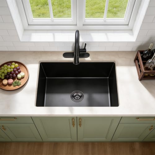 Image of 28 Inch Undermount Kitchen Sink Black, 28x18 Under Mount Gunmetal Black Stainless Steel 16 Gauge 9 Inch Deep Single Bowl Kitchen Sink with Strainer