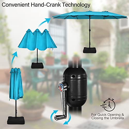 Image of Tangkula 15FT Double-Sided Patio Umbrella with Base, Extra-Large Market Umbrella W /Crank System, Outdoor Twin Umbrella W / 12-Rib Metal Structure & Air Vents for Garden, Backyard, Poolside (Turquoise)