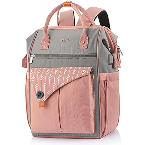 Backpack Womens, School Rucksack with USB Charging Port, Waterproof College School Bag Gifts for Women, Girls Fits 15.6 Inch Laptop, Pink Cover