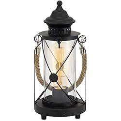 Lamparas Antiguas De Gasolina EGLO Lámpara de mesa Bradford, lámpara de mesa vintage con 1 bombilla, farola, lámpara de mesita de noche de acero, color negro, vidrio transparente, casquillo E27, incl interruptor