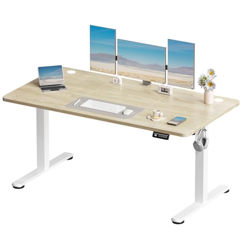 Image of Devoko Electric Standing Desk 150x60cm Sit Stand Table Height Adjustable Desk with Backpack Hook and Memory Smart Panel, Home Office Desk with Splice Board, Beige