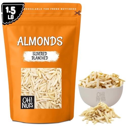 Oh! Nuts Almonds Blanched Slivered - Raw - 100% Natural - 1.5 lb - White Almond Sticks - Packed in New York Zip-Seal Bag for Exceptional Freshness