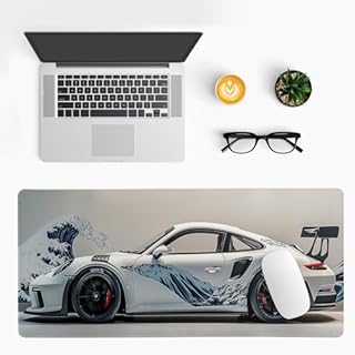 Tappetino per mouse da gioco grande in stile Ukiyo-e con auto sportiva bianca, 80 x 30 cm, base in gomma antiscivolo, per gamer, giocatori e appassionati di PC