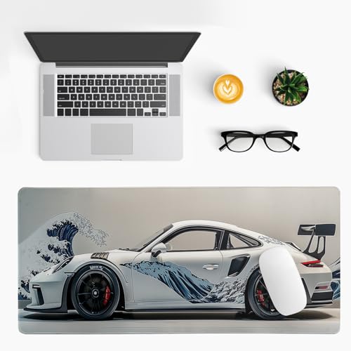 White Ukiyo-e Style Sports Car Large Gaming Mouse Pad Desktop Mat