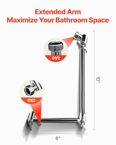VEVOR Shower Head Extension Arm, 16 inches, Brass Shower Arm Extender with Flexible Adjustable Angle Height, Chrome Finish, G1/2 Universal Thread Connector Compatible, for Rain & Handheld Showerhead