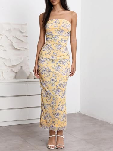 Image of Milumia Women's 2026 Summer Floral Bodycon Maxi Dress Strapless Tube Top Long Dresses Wedding Guest Party