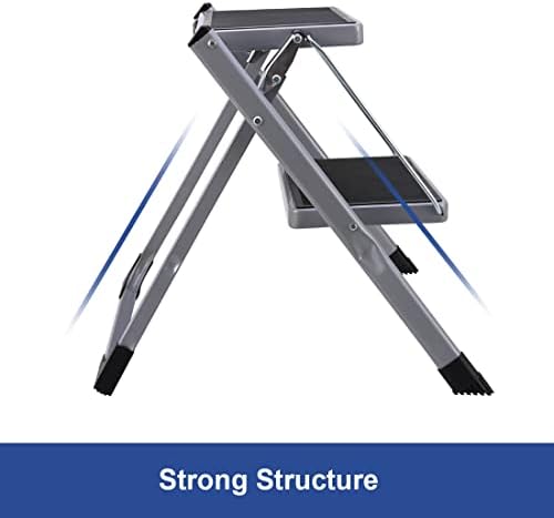 Heilmetz Folding Steps Stepladders Portable Folding Step Stool Safety Ladder with 2 Non-Slip Rungs Holds up to 150 kg, Grey