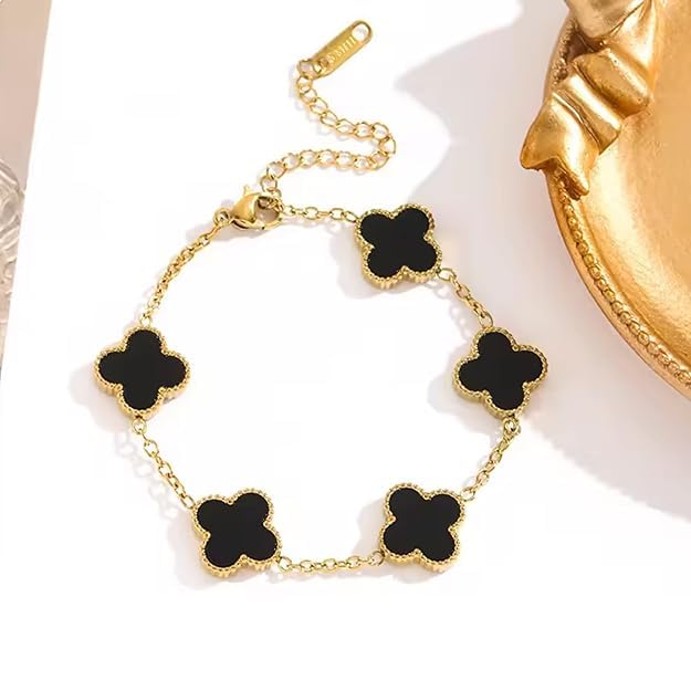Image of STYOLLO Four-Leaf Clover Anti Tarnish Bracelet for Women & Girls Stylish | Elegant Gold-Plated Lucky Charm Jewelry | Aesthetic Enamel Design Adjustable Chain Bracelet for Daily, Gifting & Festive
