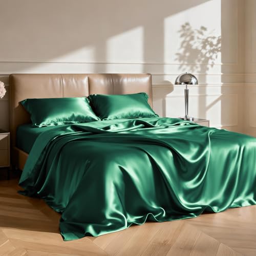 Image of Love's cabin Full Size Satin Sheet Set - 4 Piece Dark Green Silky Satin Sheet Set with Deep Pocket, Luxury Silk Feel Satin Bed Sheets Full Bedding Set (1 Flat Sheet,1 Fitted Sheet,2 Pillow Cases)