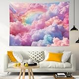 LB Pink Cloud Tapestry Pastel Cloud with Rainbow Sky on Colorful Background Tapestry Wall Hanging Aesthetic Nature Wall Decor for Bedroom Living Room Dorm 60Wx40L Inches