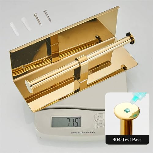 Double Toilet Paper Holder with Phone Shelf Dual Roll Tissue Holder Dispenser Wall Mounted SUS304 Commercial Stainless Steel Roll Holder Storage Cool Bathroom Accessory (Gold) by KWQKEM - Used condition - Image 3