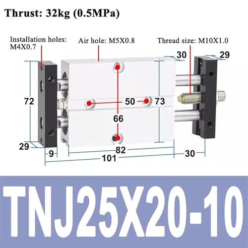Cylindre pneumatique à course réglable de 10 à 200mm avec double tige stable