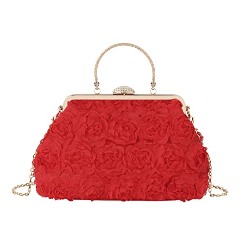 MilyaDE Damen Clutch Blumen Elegante Brauttasche Hochzeit Party Kleidertasche Abendtasche Handtasche mit Kette Handgriff Kiss Lock, Rot